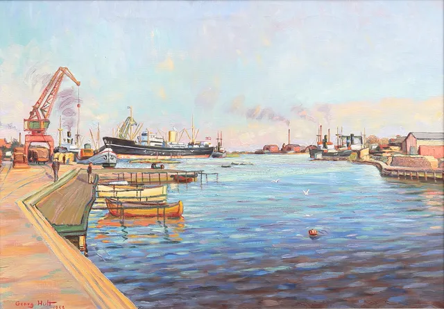 GEORG HULT. Olja på duk, Oskarshamns hamn, signerad.