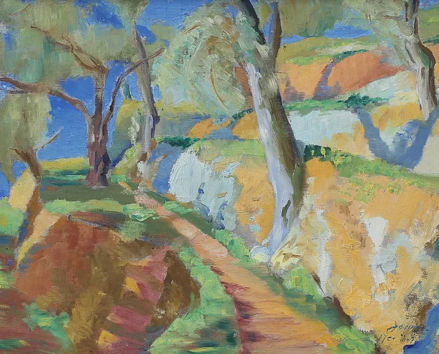 TORSTEN JOVINGE. Olivlund, Menton. Olja på uppklistrad duk, signerad, daterad 1927 a tergo.
