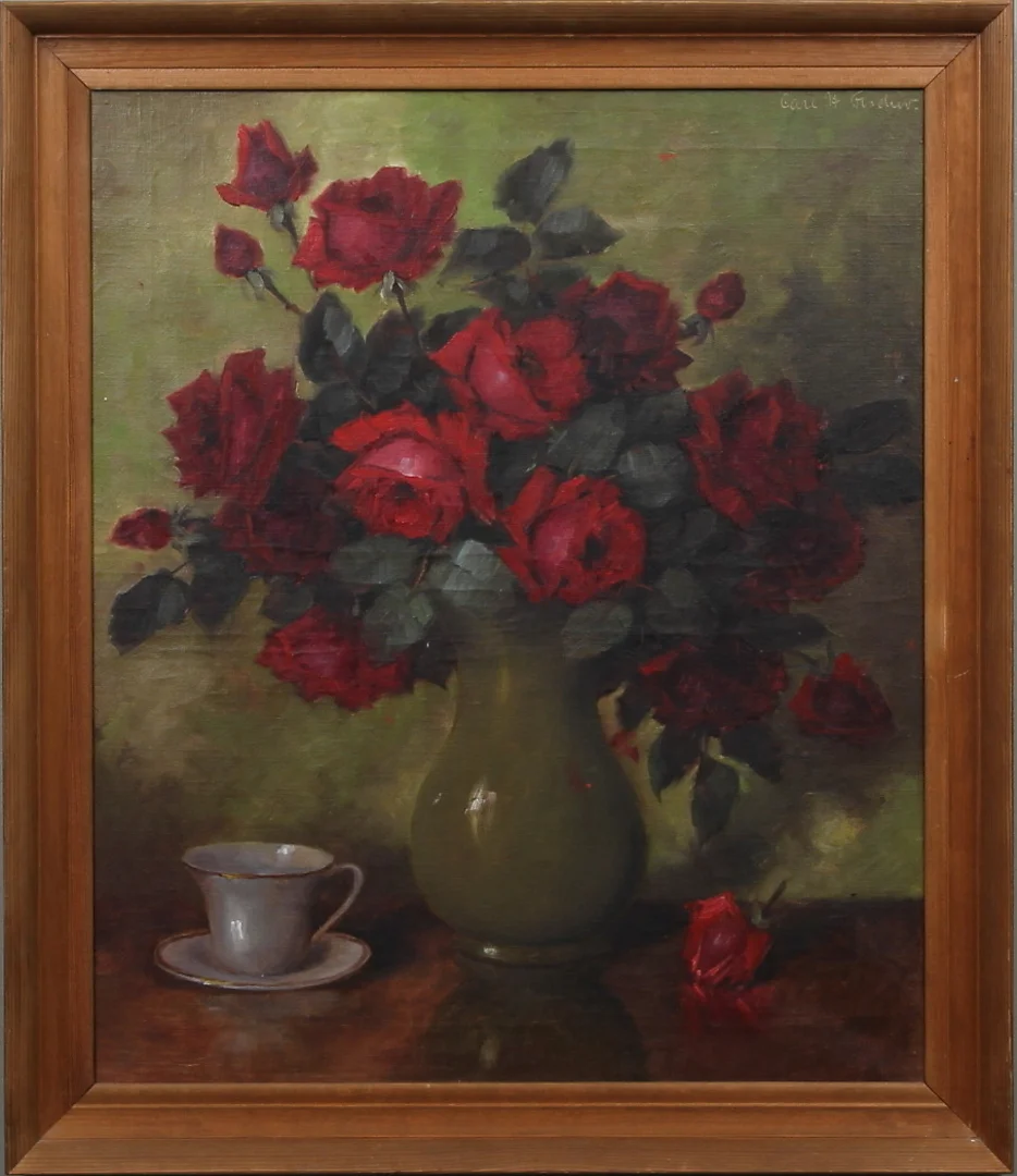 CARL HOLGER FISCHER. olja på duk, stilleben med rosor, ristad signatur. — Paintings — Gomér & Andersson Linköping