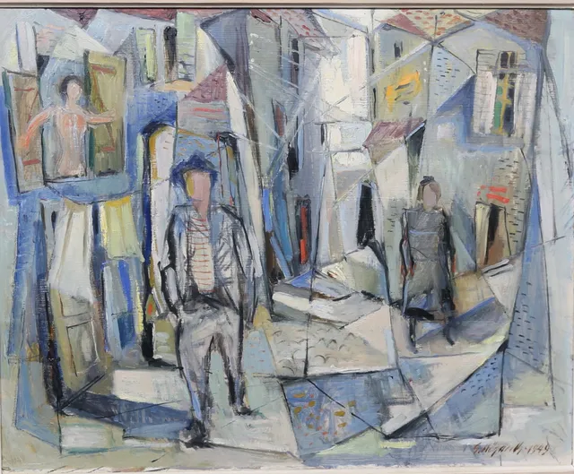 GÖSTA HÖGARDH. "Gränden". Blandteknik, signerad och daterad 1949.