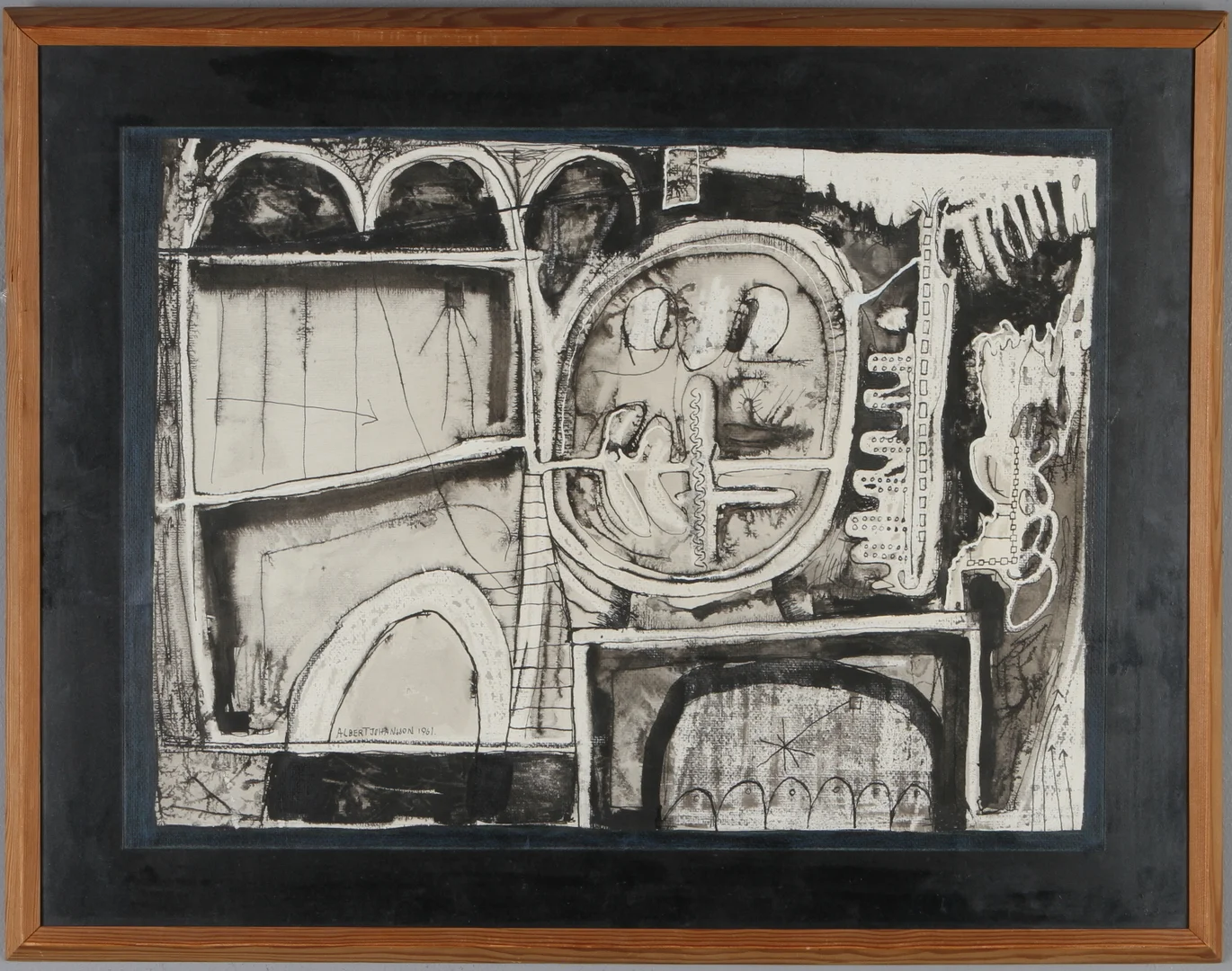 ALBERT JOHANSSON. Komposition, blandteknik, signerad och daterad -61. — Paintings — Auktionshuset Kolonn
