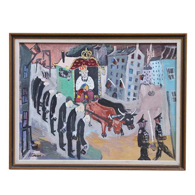 SVEN STORM. Kunglig parad, olja på pannå, signerad, 1950-tal.