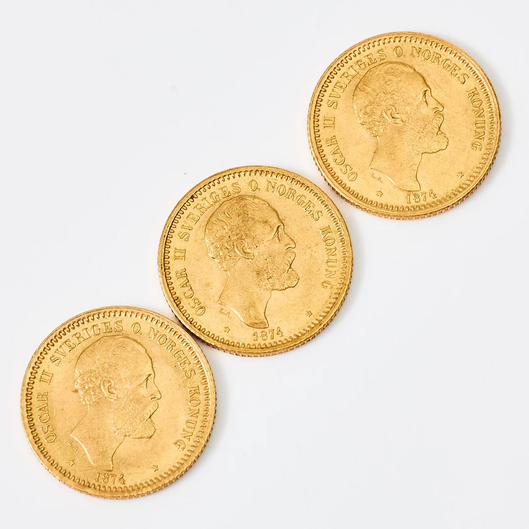MYNT, 3 st., 21,6 k guld, Oscar II, Sveriges och Norges Konung, 10 kronor, 1874. — Coins & Banknotes — Stockholms Auktionsverk Magasin 5