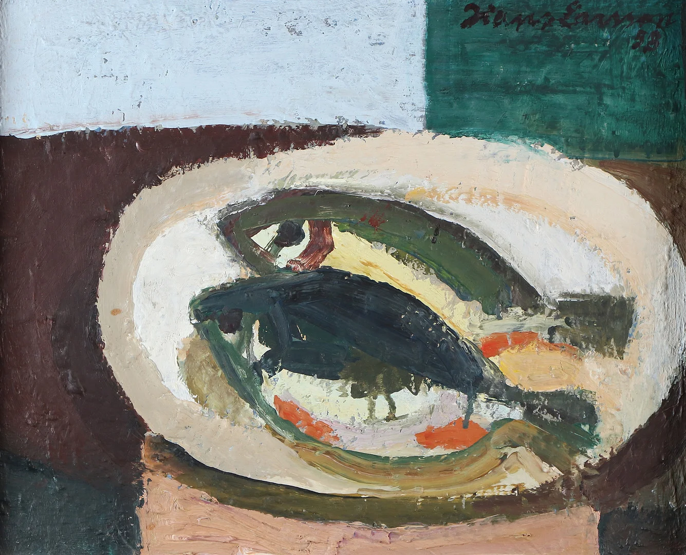 HANS LARSSON. Oljemålning på duk. Stilleben med fiskar på fat. Signerad. — Paintings — Skånes Auktionsverk