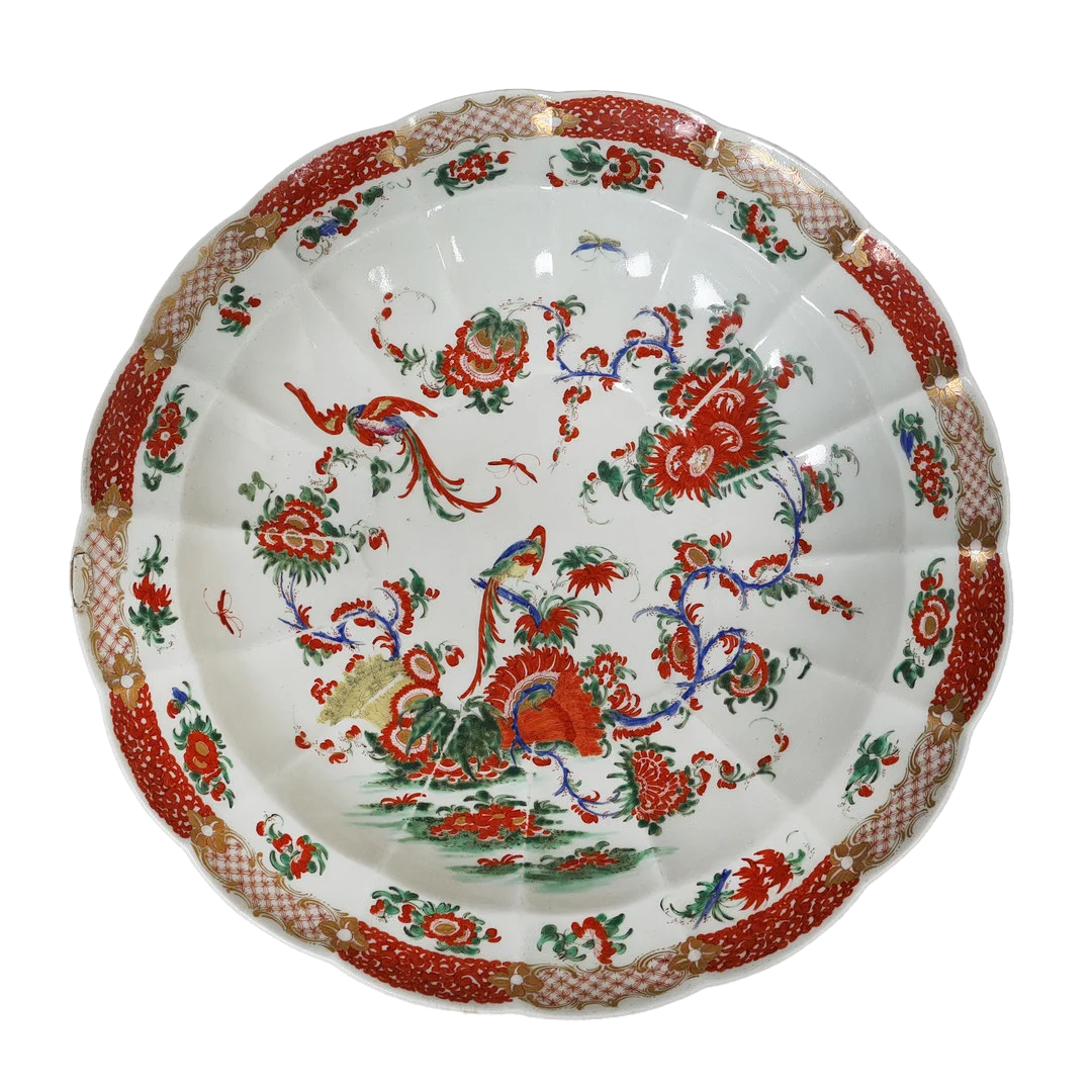 A WORCESTER CUSPED SHAPED "PHOENIX" PATTERN DISH PAINTED IN THE RICH KAKIEMON PALETTE, CIRCA 1768-1770. — European — Bishop & Miller