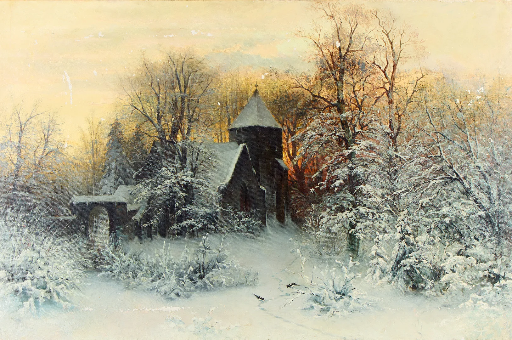 ARVID MAURITZ LINDSTRÖM. TILLSKRIVEN. Vinterlandskap med kyrka. — Paintings — Uppsala Auktionskammare