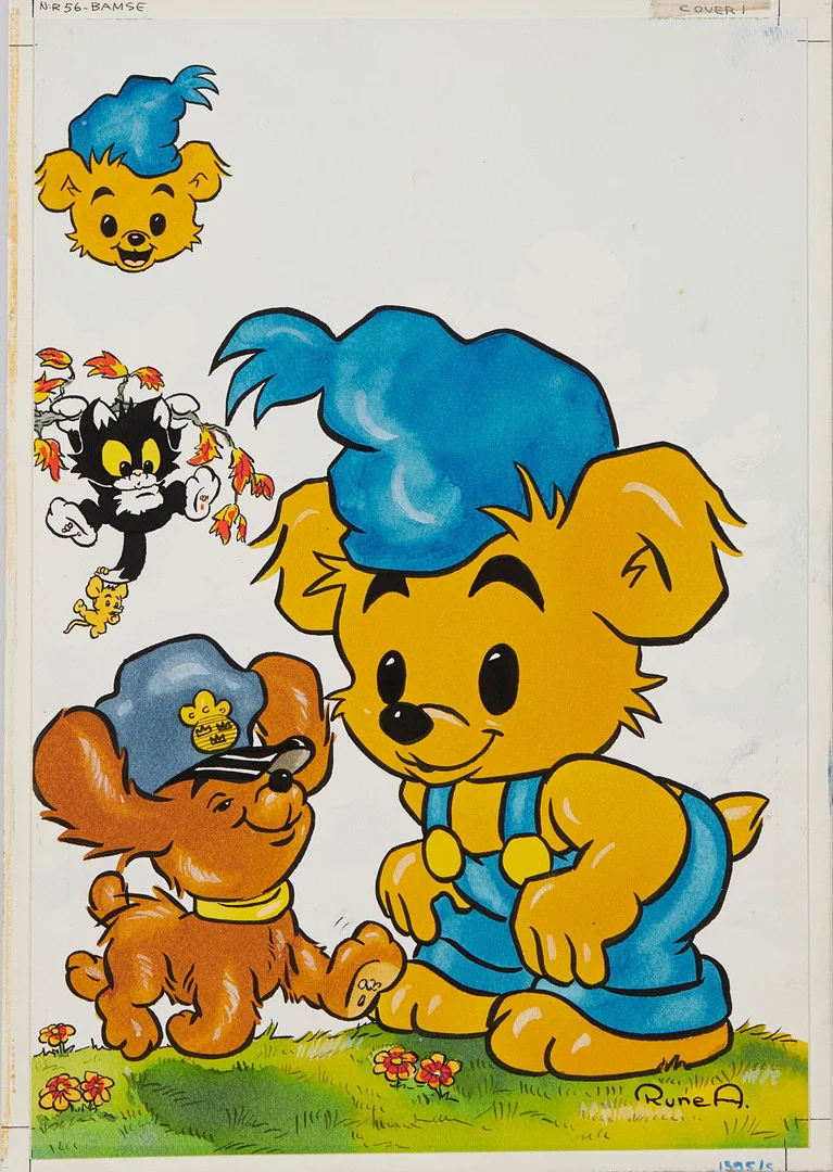 RUNE ANDRÉASSON. Bamse, original till omslag, nummer 10 från 1977, signerad Rune A, tusch och akvarell på papper uppklistrat på pannå. — Paintings — Stockholms Auktionsverk Magasin 5