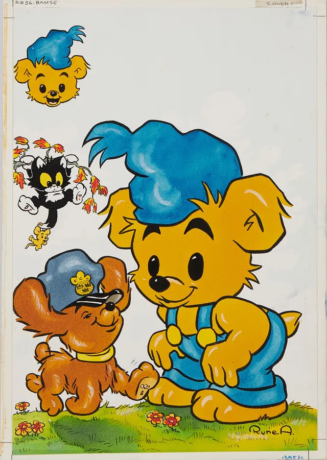 RUNE ANDRÉASSON. Bamse, original till omslag, nummer 10 från 1977, signerad Rune A, tusch och akvarell på papper uppklistrat på pannå.