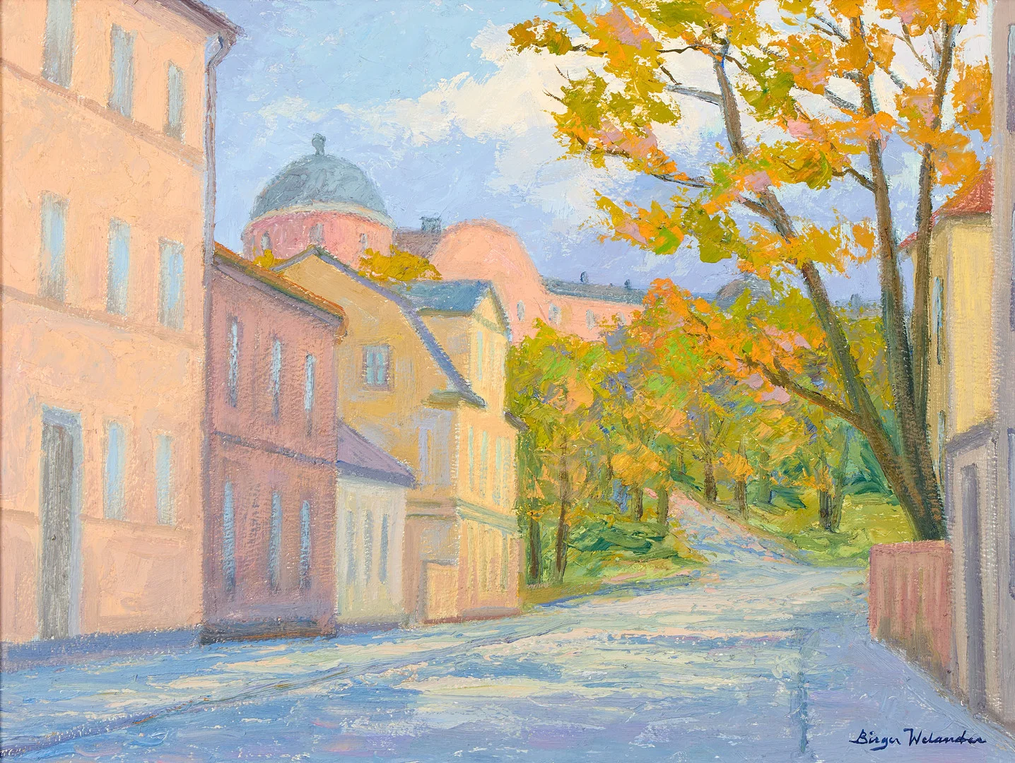 BIRGER WELANDER (1916-1985). " Övre slottsgatan", Uppsalamotiv. — Paintings — Uppsala Auktionskammare