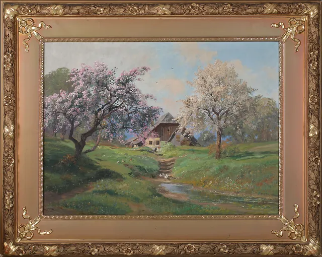 ALOIS ARNEGGER. Gård i sommarskrud, olja på duk, signerad.