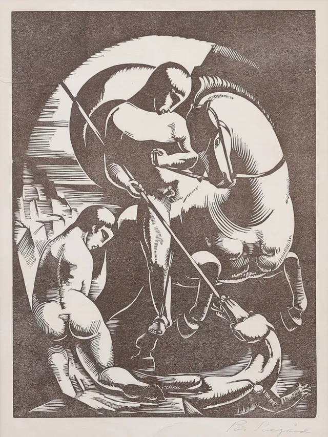 PÄR SIEGÅRD (1887-1961). S:t Göran och draken, träsnitt, signerad.