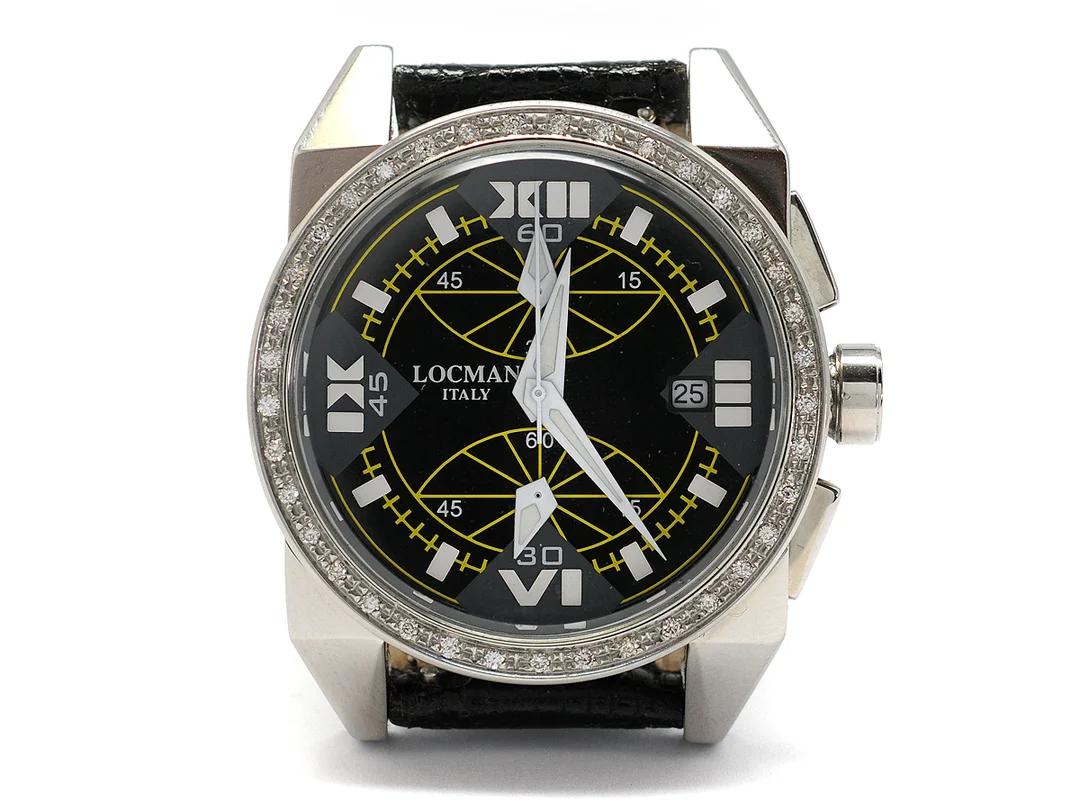 LOCMAN, Crazy Horse, Ref nr. 161, Serie nr. 02121, kronograf, midsize, 38 mm, stål, mineralglas, datum, diamantkrans (37 st. W-Cr/SI, ca 0,45 ctv), originalspänne, cert (ej ifyllt), ca 2009, box, ytterkartong. — Klockor/Locman — Kaplans