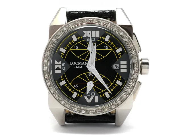 LOCMAN, Crazy Horse, Ref nr. 161, Serie nr. 02121, kronograf, midsize, 38 mm, stål, mineralglas, datum, diamantkrans (37 st. W-Cr/SI, ca 0,45 ctv), originalspänne, cert (ej ifyllt), ca 2009, box, ytterkartong.