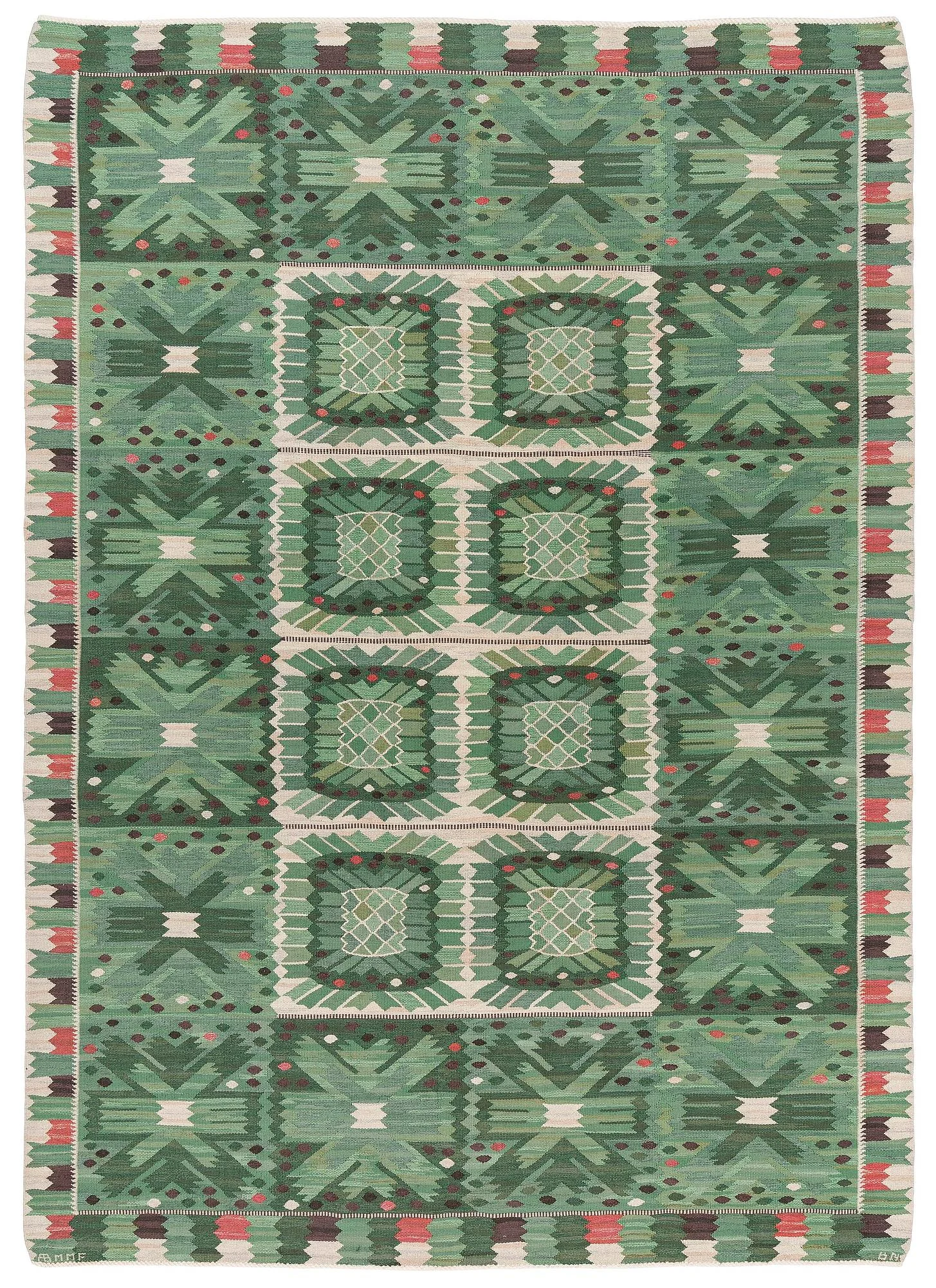 Barbro Nilsson, matta, "Nejlikan grön", gobelängteknik, ca 390 x 278 cm, signerad AB MMF BN. — Bukowskis