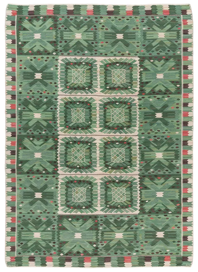 Barbro Nilsson, matta, "Nejlikan grön", gobelängteknik, ca 390 x 278 cm, signerad AB MMF BN.