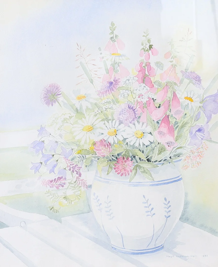 MARGIT KNUTSSON HALL. Akvarell, blomsterstilleben, signerad samt daterad 1991. — Paintings — Gomér & Andersson Nyköping