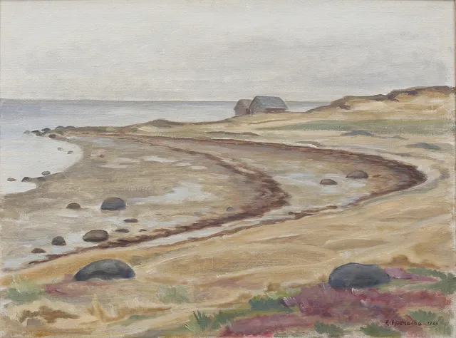 OIDENTIFIERAD KONSTNÄR. Havsvik. Olja på duk, signerad E. Holmberg, daterad 1956.