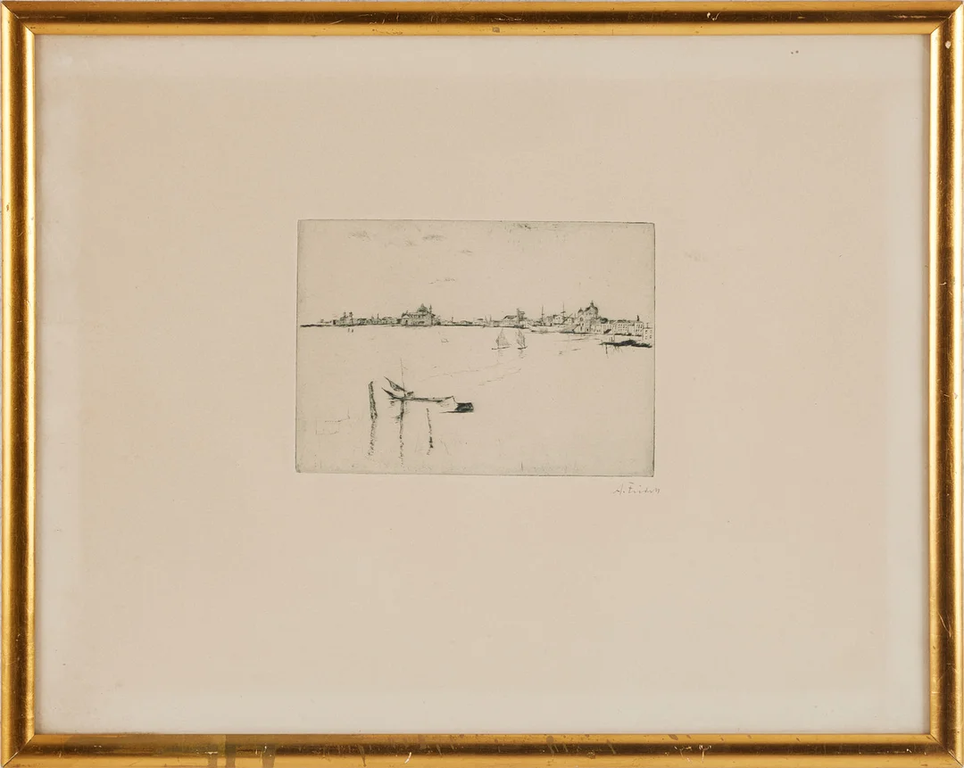 AXEL FRIDELL. (1894-1935). "Lagunen (Venedig II)", signerad i blyerts, torrnålsgravyr 1921. — Engravings & Prints — Stockholms Auktionsverk Magasin 5