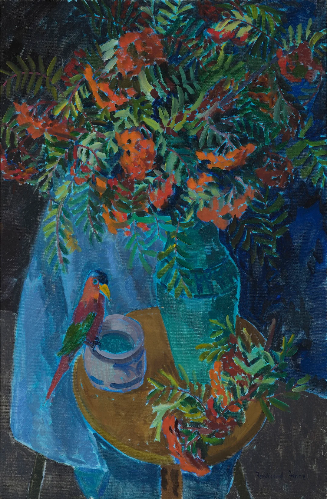 Finne, Ferdinand — "Rognebær og papegøye" 1964 — Kunst/Maleri — Blomqvist