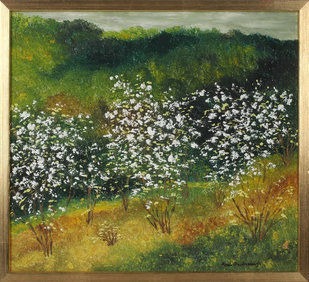 KARIN ANDERSSON. Blommande träd, olja på pannå, signerad. — Paintings — Stadsauktion Sundsvall