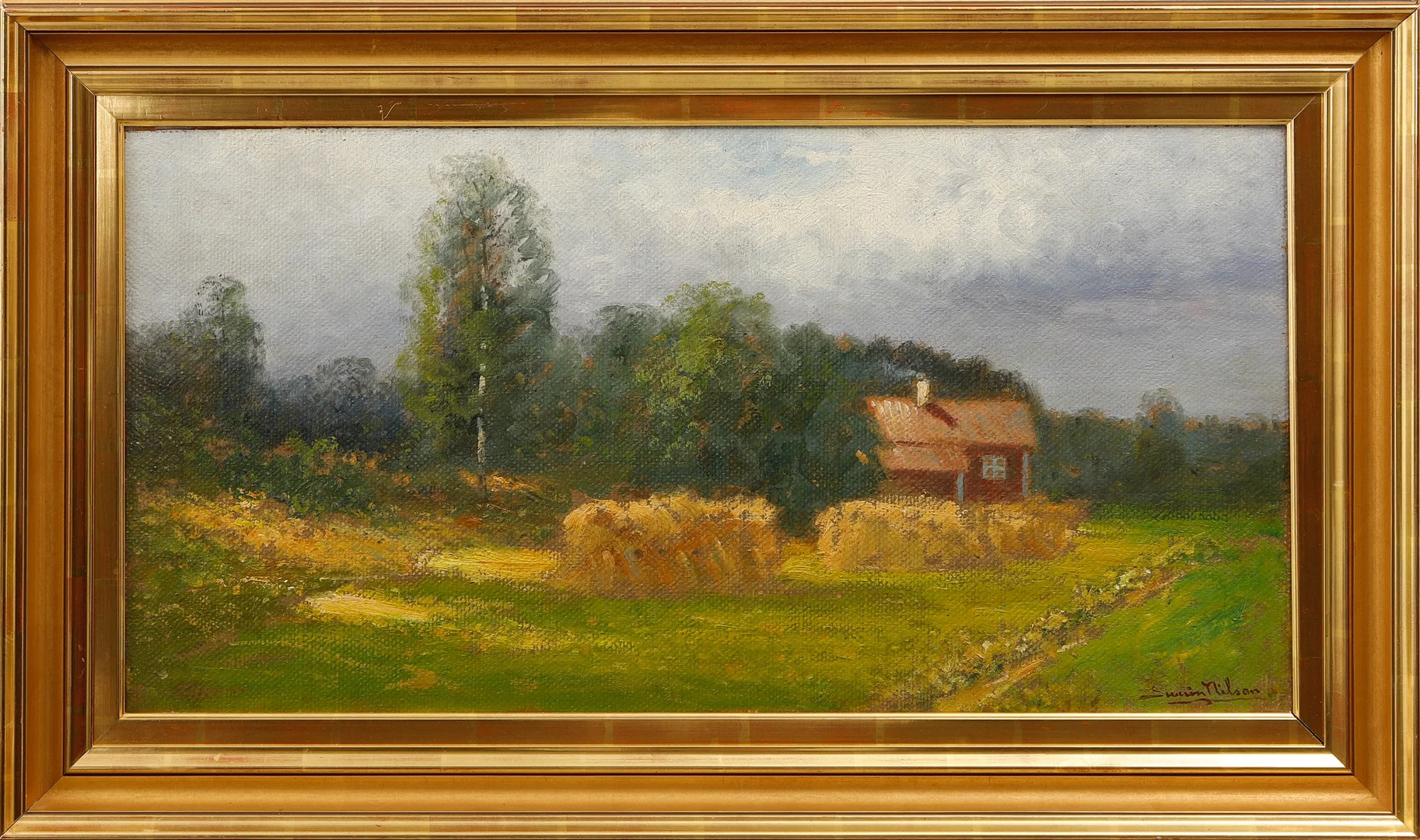 SEVERIN NILSON. Stuga i odlingslandskap, olja på duk uppfodrad på pannå, signerad. — Paintings — Göteborgs Auktionsverk