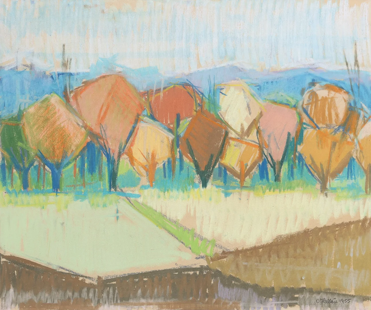 OLLE HALLÉN (1918-1995). Landskap med träd, pastell, signerad, daterad -55. — Paintings — Garpenhus Auktioner