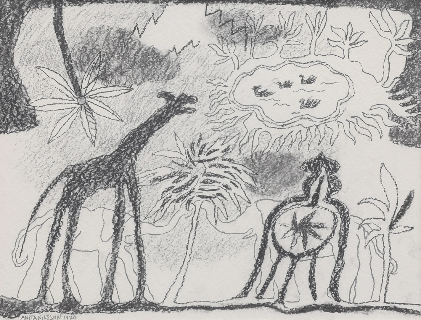 ANITA NILSSON BILLGREN. KOL PÅ PAPPER, EXOTISKT LANDSKAP, SIGNERAD OCH DATERAD 1970. — Drawings — Crafoord Auktioner Lund