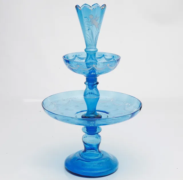 Server in blue and painted glass, late 20th Century.