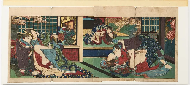 UTAGAWA KUNISADA (TOYOKUNI III, 1786-1865). Tillskriven. Erotisk scen (shunga).