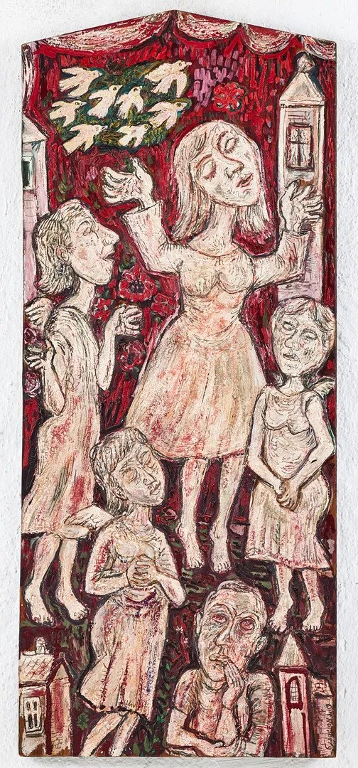 OLLE NORDBERG (1905-1986). Motiv av kvinna, änglar och tänkande man, olja på pannå.