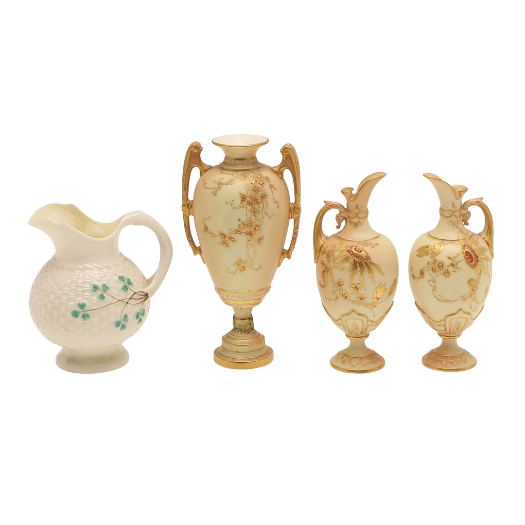 ROYAL WORCESTER VASE, PAIR OF EWERS & BELLEEK JUG. — European — Lawrences Auctioneers