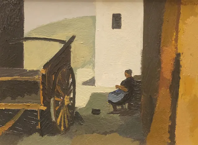 GERHARD NORDSTRÖM. GÅRDSMOTIV MED VAGN OCH KVINNA, OLJA PÅ PANNÅ.