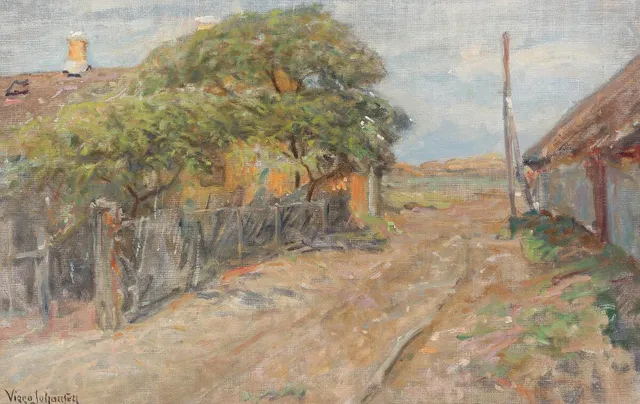 “Gamle huse, Kandestederne” (Old Houses, Kandestederne, Skagen). Signed Viggo Johansen. Oil on canvas. 44×69 cm.