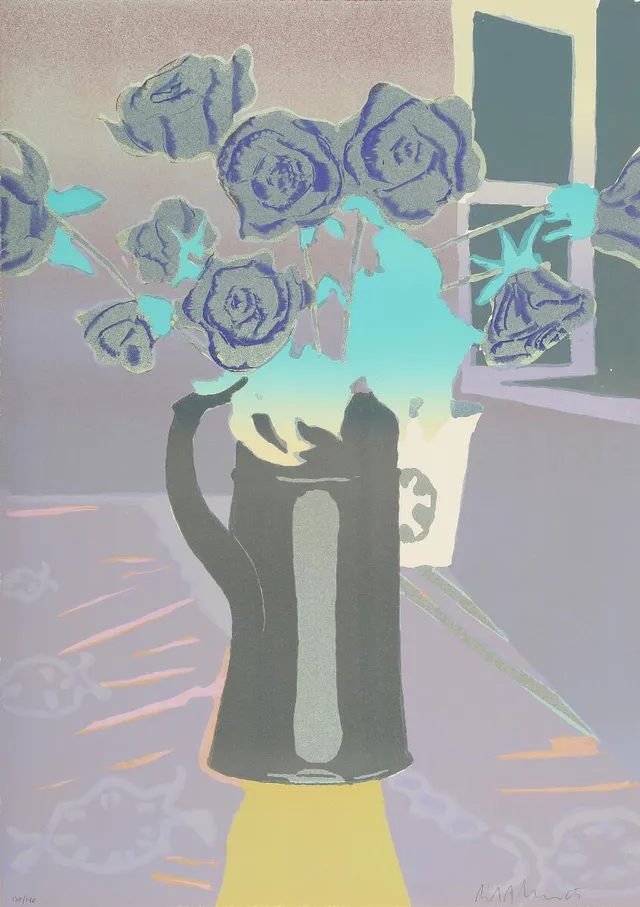 Still life with flower. Signed Erik A. Frandsen 05, 130/140. Lithograph in colours. Sheet size 77×55 cm. Unframed.