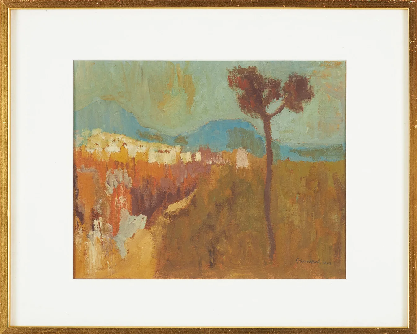HARALD GARMLAND. Olja på papper, bymotiv, signerad, daterad 1947. — Paintings — Stockholms Auktionsverk Sickla