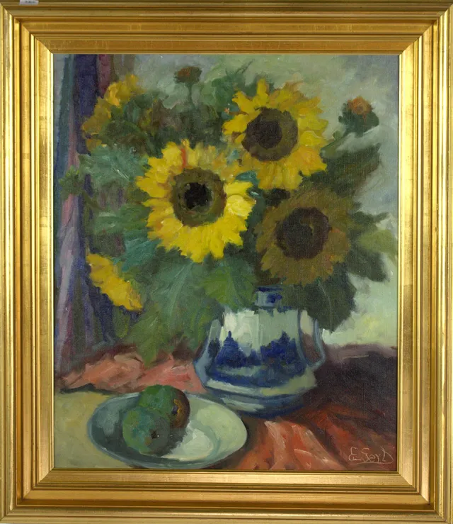 EDITH GERT. Olja på duk, stilleben med solrosor, signerad.