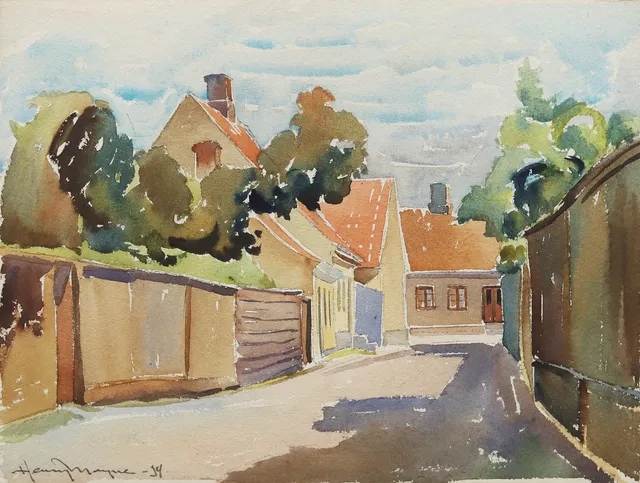 HENRY MAYNE. Gatumotiv, Simrishamn, akvarell, signerad och daterad -34.