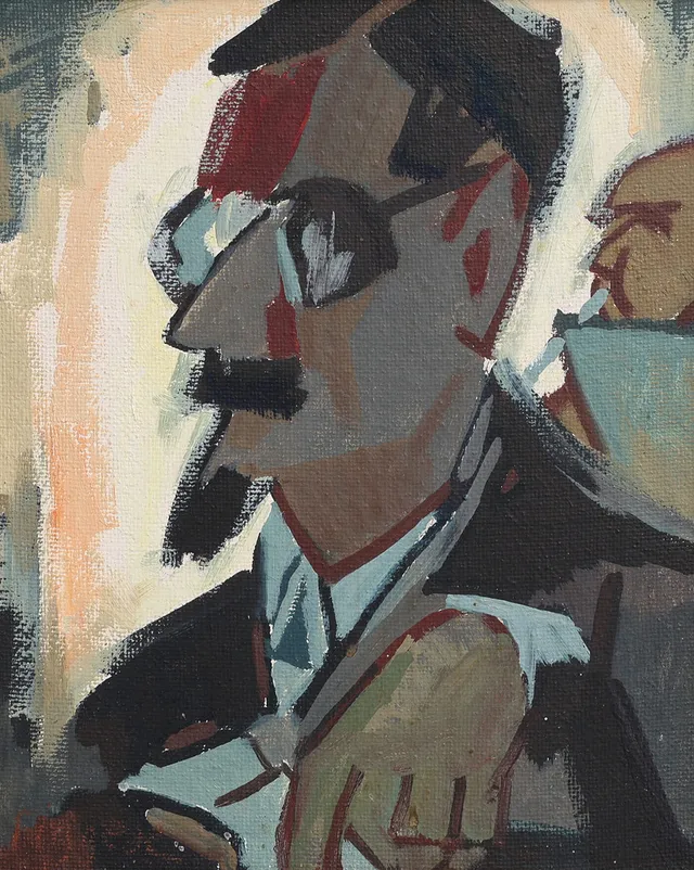 FIGGE HOLMGREN. OLJA PÅ PANNÅ, STEN BROMAN", SIGNERAD.