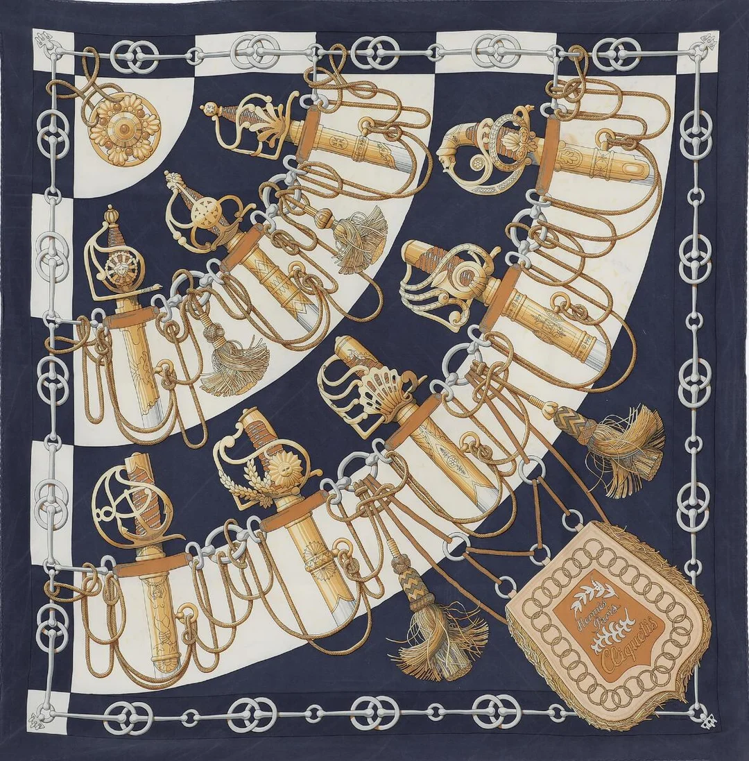 A silk scarf with motif “Cliquetis” by Julie Abadie. App. 85×85 cm. — Designer Handbags & Fashion — Bruun Rasmussen