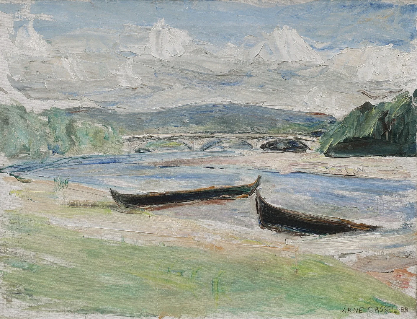 ARNE CASSEL. olja på duk, landskapsmotiv, signerad samt daterad -84, samt personlig hälsning med självporträtt av Cassel. — Paintings — Auktionsmagasinet Vänersborg