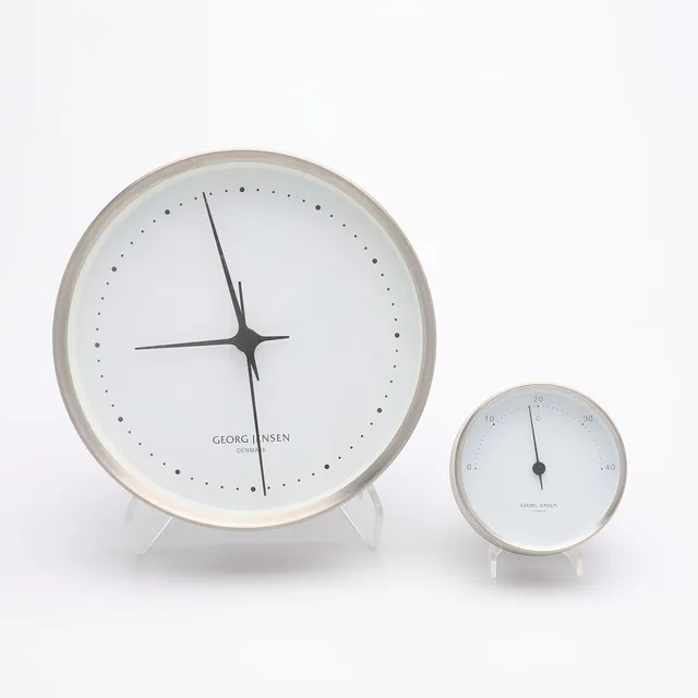 HENNING KOPPEL. EN VÄGGKLOCKA & EN TERMOMETER, ROSTFRITT STÅL, "KOPPEL", QUARTZVERK, GEORG JENSEN, DANMARK.