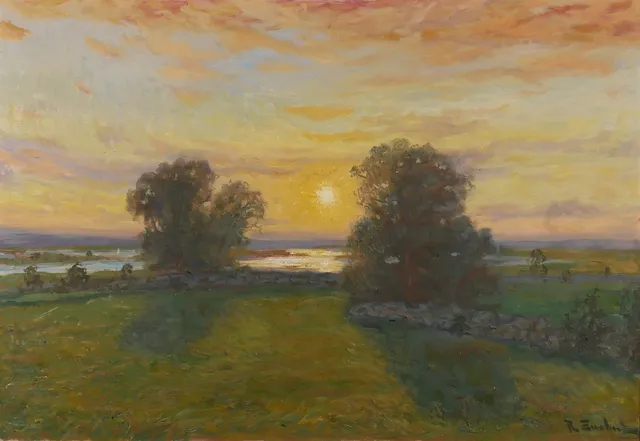RAGNAR SWAHN. Landskap med solnedgång, olja på duk, signerad R Swahn.