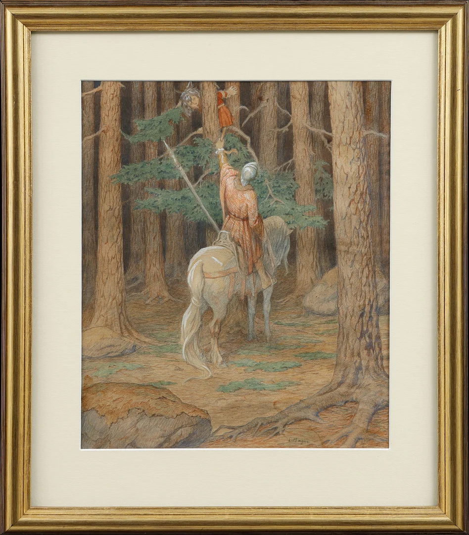 EINAR BAGER. Riddare hjälper pojke, blandteknik på papper, signerad. — Paintings — Göteborgs Auktionsverk