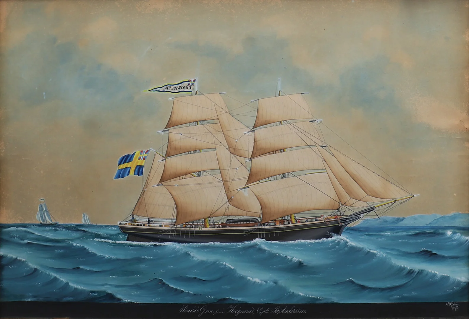 LARS PETTER SJÖSTRÖM. Skeppsporträtt, briggen "Prairie gem", Höganäs, gouache, signerad 1878. — Paintings — Crafoord Auktioner Lund