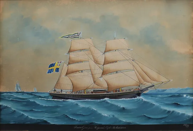 LARS PETTER SJÖSTRÖM. Skeppsporträtt, briggen "Prairie gem", Höganäs, gouache, signerad 1878.