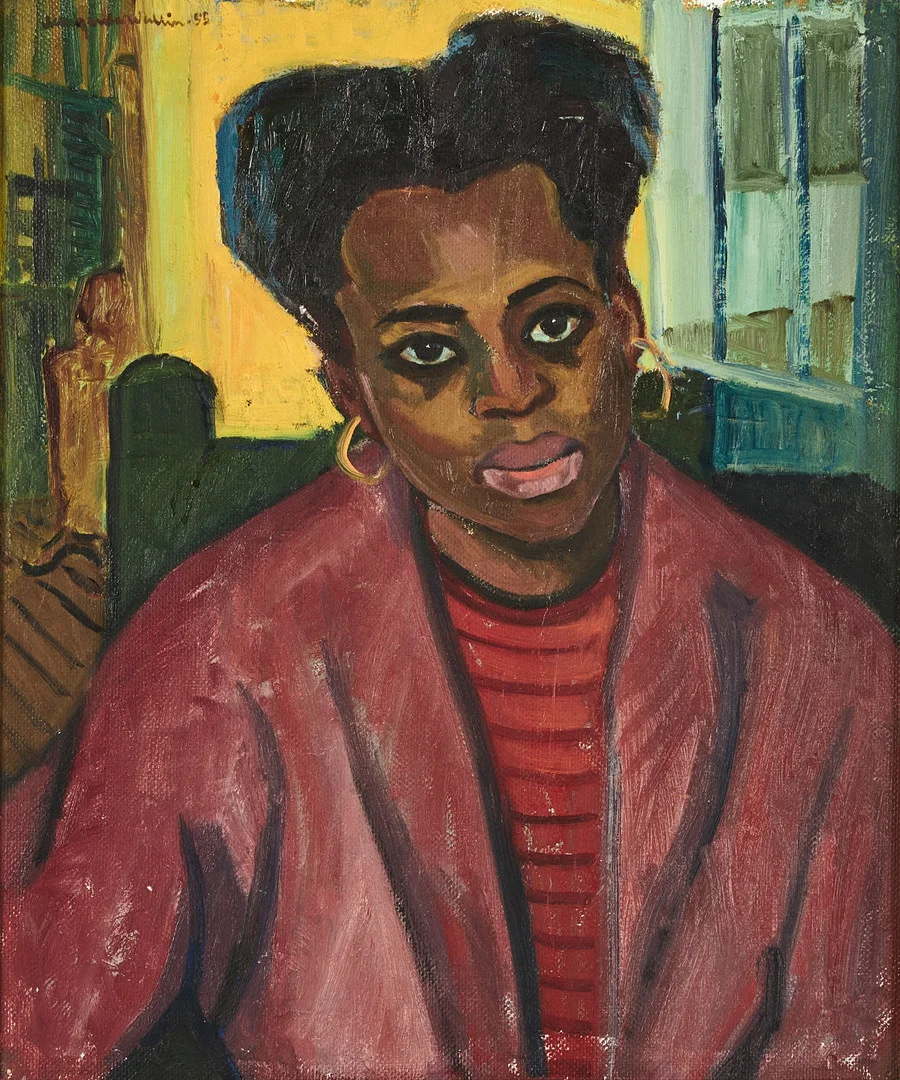 MARGARETA WALLIN (Bringetofta 1912-1990 Stockholm), Kvinna i rött, signerad och daterat -55, olja på pannå. — Paintings — Crafoord Auktioner Stockholm