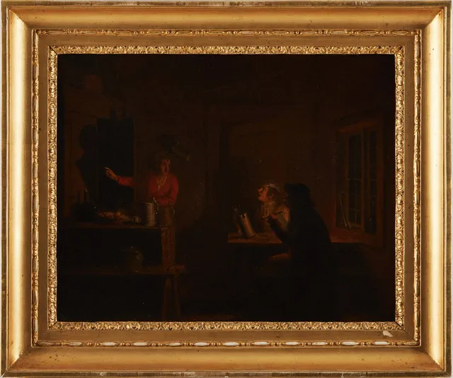 PEHR HILLESTRÖM (1733-1816): "Ett Krogstycke, äfven med ljus, hvarest en af Gästerne begärer ett stop dricka på Räkning, som värdinnan nekar af ordsak, att han redan förut står i skuld".