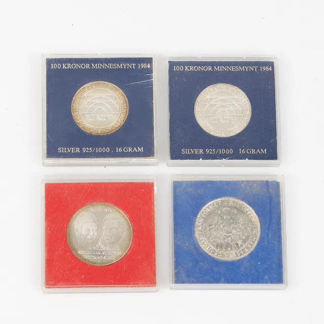 MYNT, 4 st, "All offentlig makt i sverige utgår från folket, 1975", "19 juni 1976, Konung Carl XVI Gustaf, Drottning Silvia" & "EUROPA, 1984", sterlingsilver.