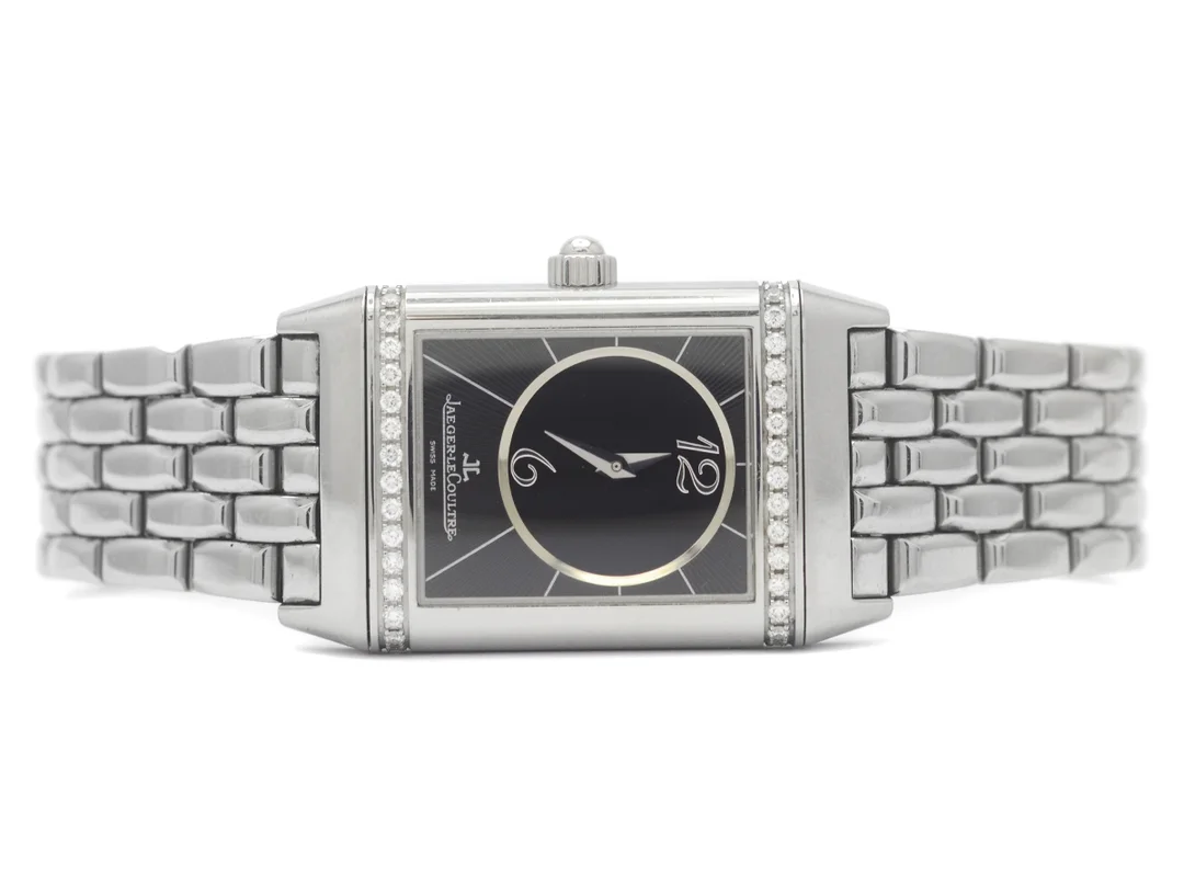 JAEGER-LE COULTRE, Reverso, Duetto Classique, Cal 865, Serie nr. 2549961, Ref nr. 256.81.02, Boett nr. 256.8.75, damur, 23 x 33 (39) mm, stål, manuell, safirglas, briljanter på boetten (32 st. TW/VVS, ca 0,22 ctv), originallänk, viklås, cert, januari 2008, box, ytterkartong. — Klockor/Jaeger-Le Coultre — Kaplans