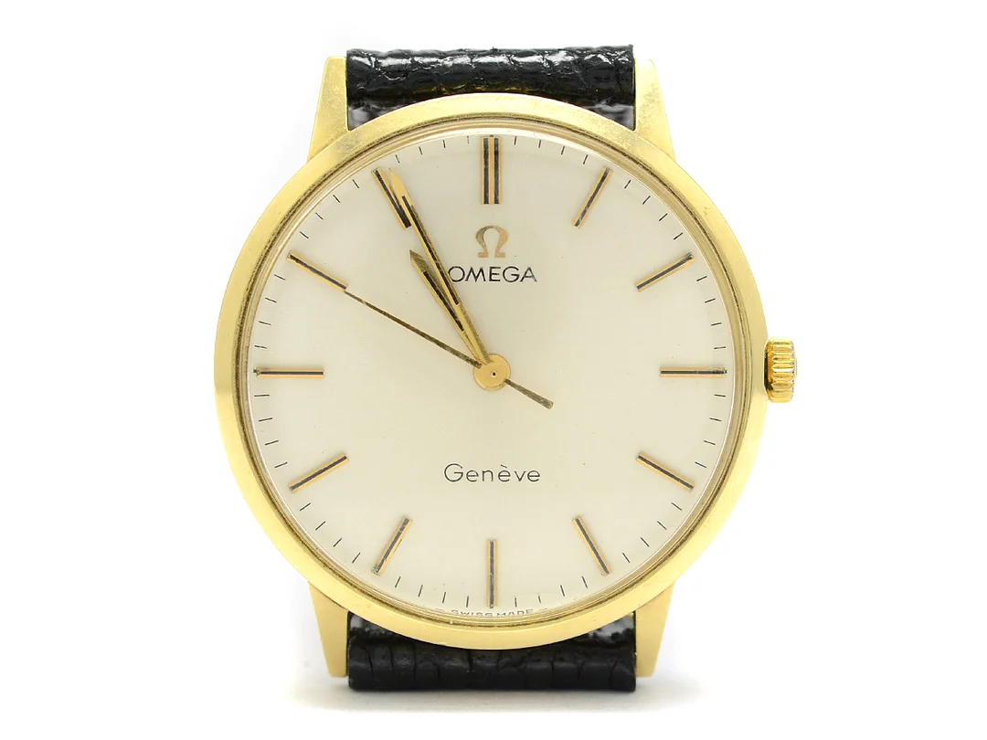 OMEGA, Genève, Cal 601, Serie nr. 32652215, Ref nr. BD 131.0041, Boett nr. 131.041, herrur, 33 mm, 14K guld, manuell, plexiglas, skadad urtavla, läderband, ca 1970. — Klockor/Omega — Kaplans